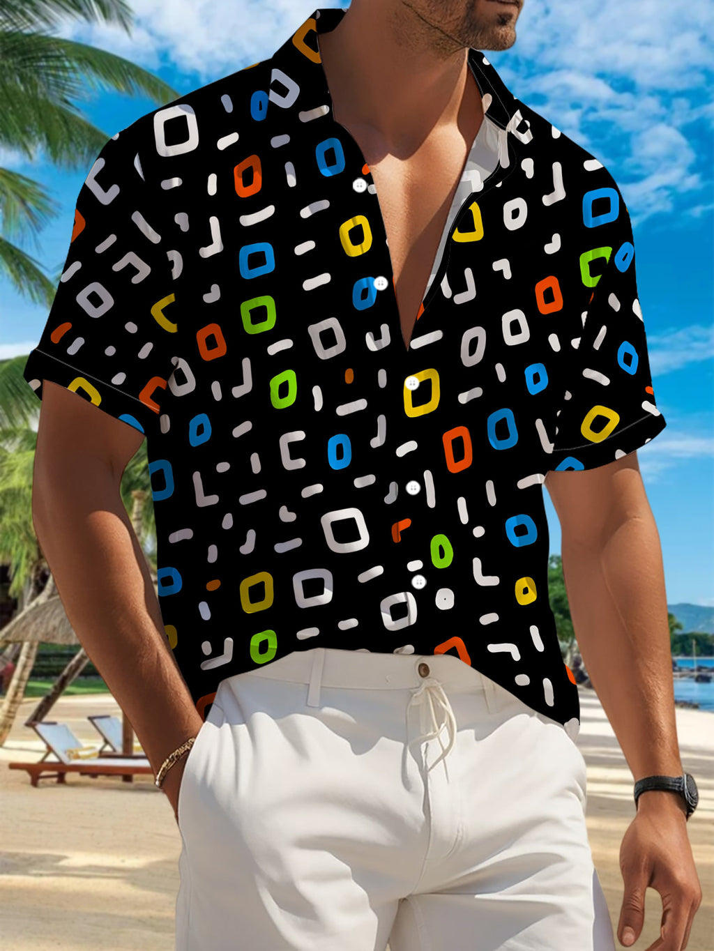 New Men'S Casual Short Sleeve Shirt, Black Background with Colorful White Irregular Short Lines, Festive Gathering Commute All-Match, Polyester Fabric Machine Washable, Button-Print Shirt