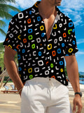 New Men'S Casual Short Sleeve Shirt, Black Background with Colorful White Irregular Short Lines, Festive Gathering Commute All-Match, Polyester Fabric Machine Washable, Button-Print Shirt