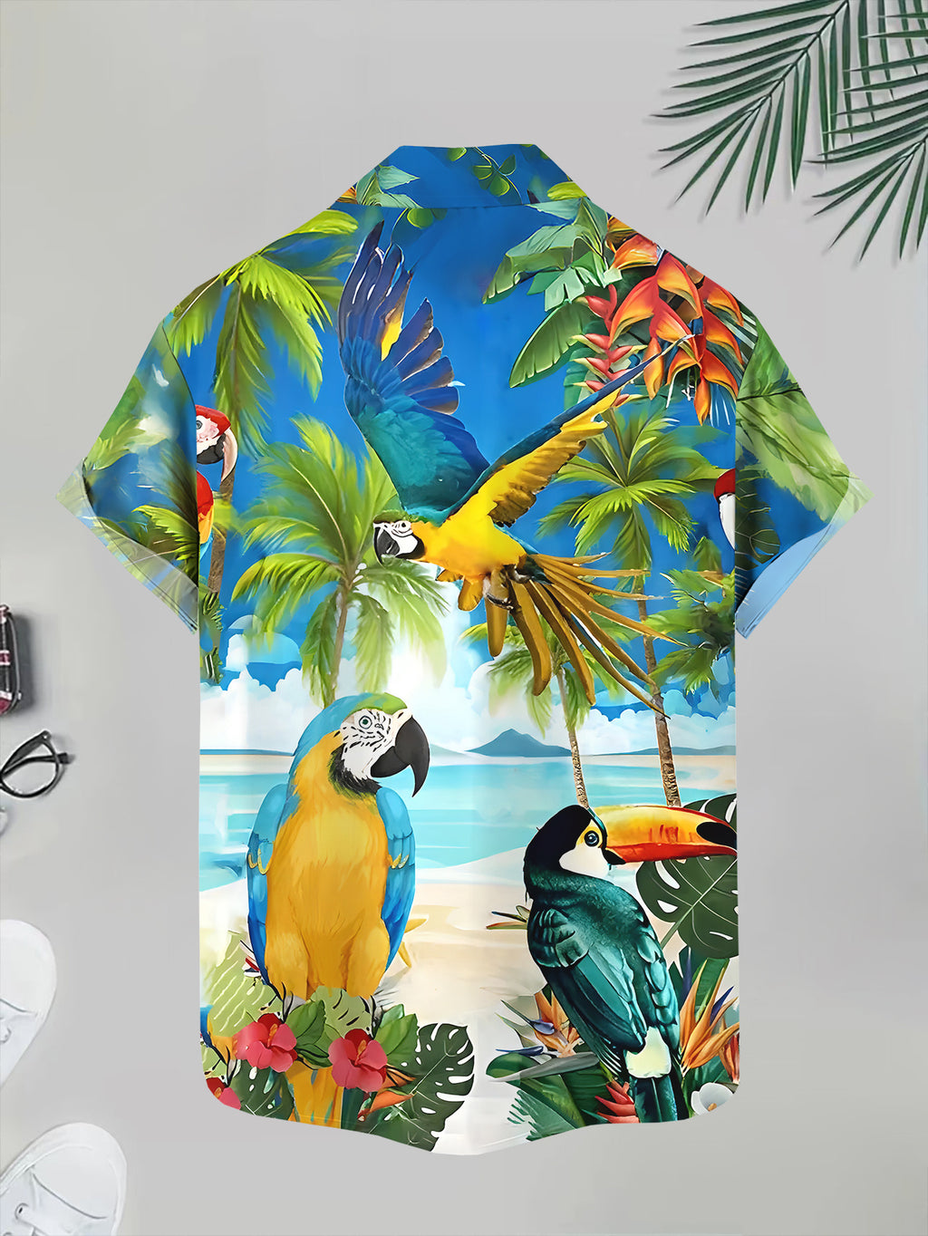 Tropical Paradise Men's Casual Shirt with Parrot and Palm Tree Pattern, Summer Beachwear