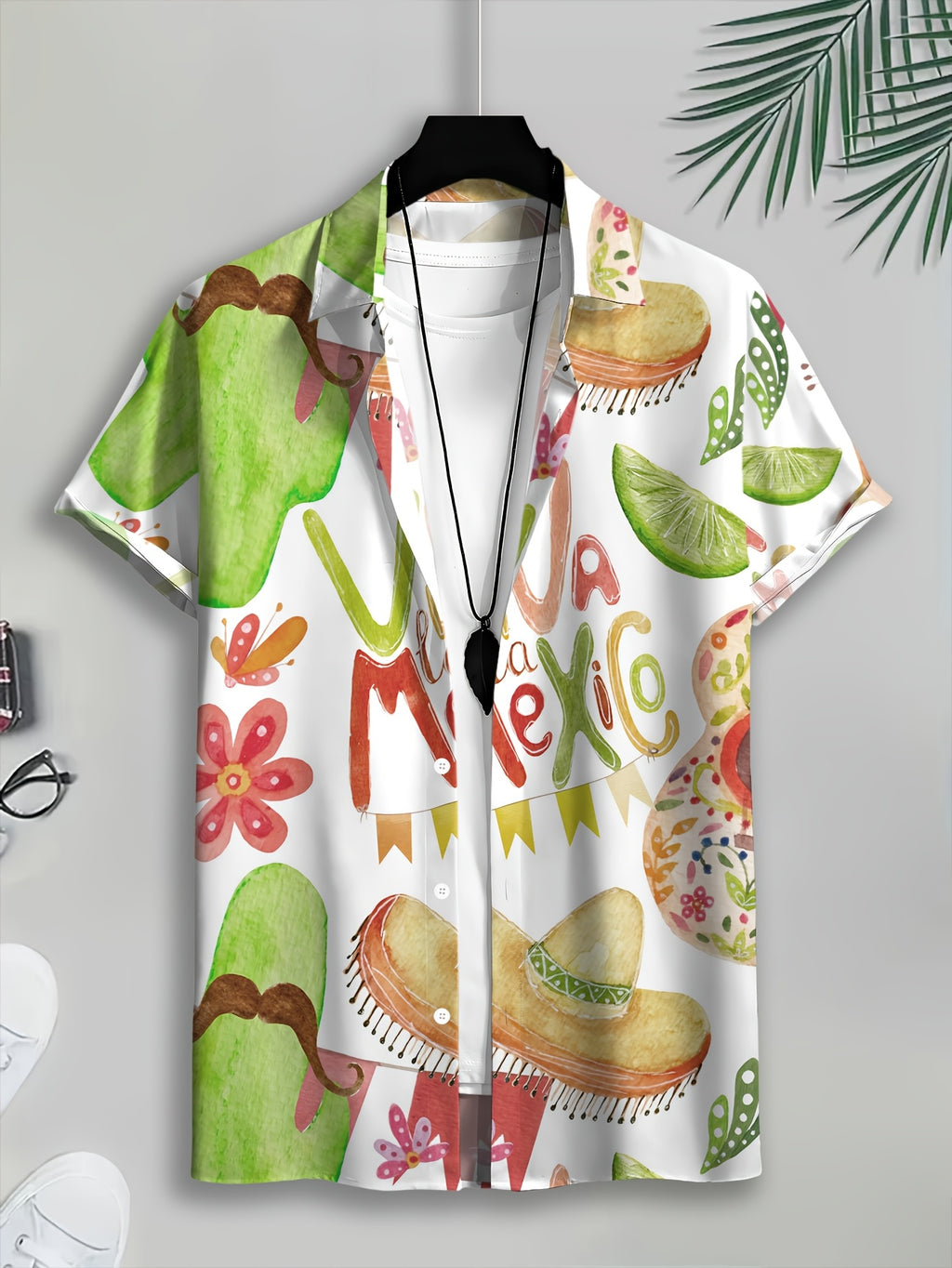 Hawaiian Style Men'S Casual Shirt Watercolor Print White Mexican Theme Graphic Text Viva Mexico Green Cactus Wine Bottle Straw Hat Delicate Flowers Colorful Flags Summer Pattern Vivid Colorful Fashion Casual Short-Sleeve Shirt