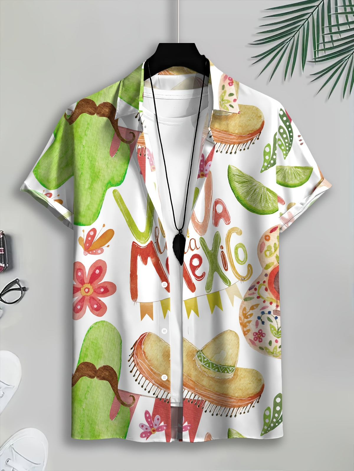 Hawaiian Style Men'S Casual Shirt Watercolor Print White Mexican Theme Graphic Text Viva Mexico Green Cactus Wine Bottle Straw Hat Delicate Flowers Colorful Flags Summer Pattern Vivid Colorful Fashion Casual Short-Sleeve Shirt