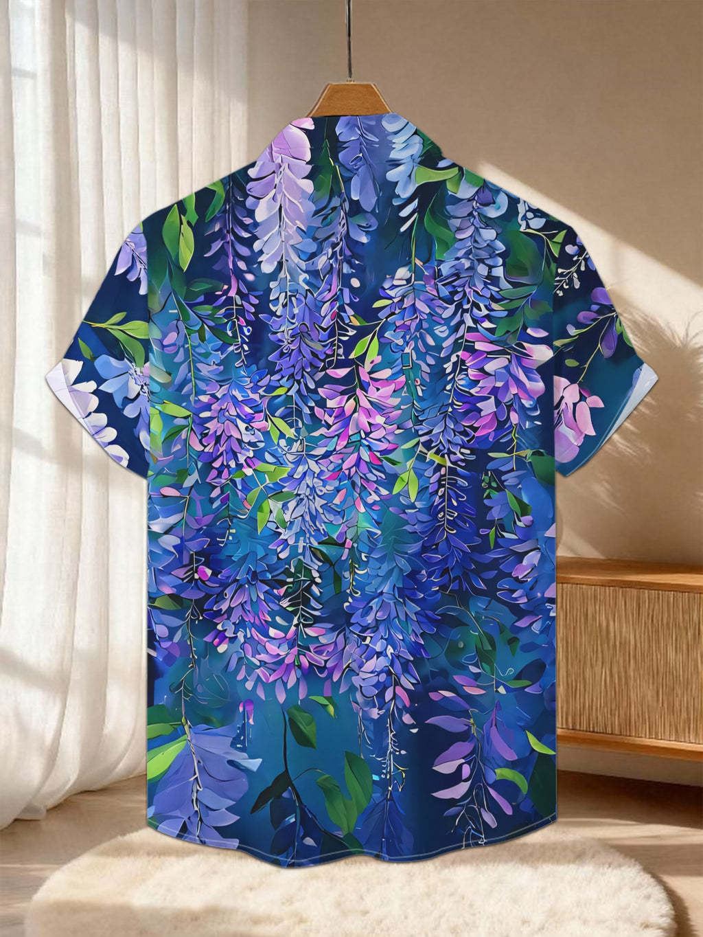 New Men'S Casual Short-Sleeve Shirt with Purple-Blue Wisteria Hanging Design, Deep Background Enhances Its Elegance. Perfect for Holiday Gatherings And Commuting, Versatile for Various Occasions. Made from Machine-Washable Polyester Fabric