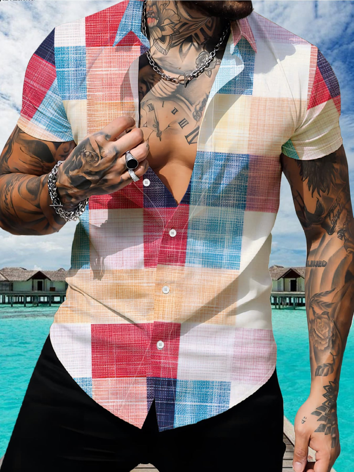 2025 Summer New Fashion Colorful Plaid Print Short Sleeve Shirt Men'S Casual Loose Breathable Turn- Collar Half Sleeve Top