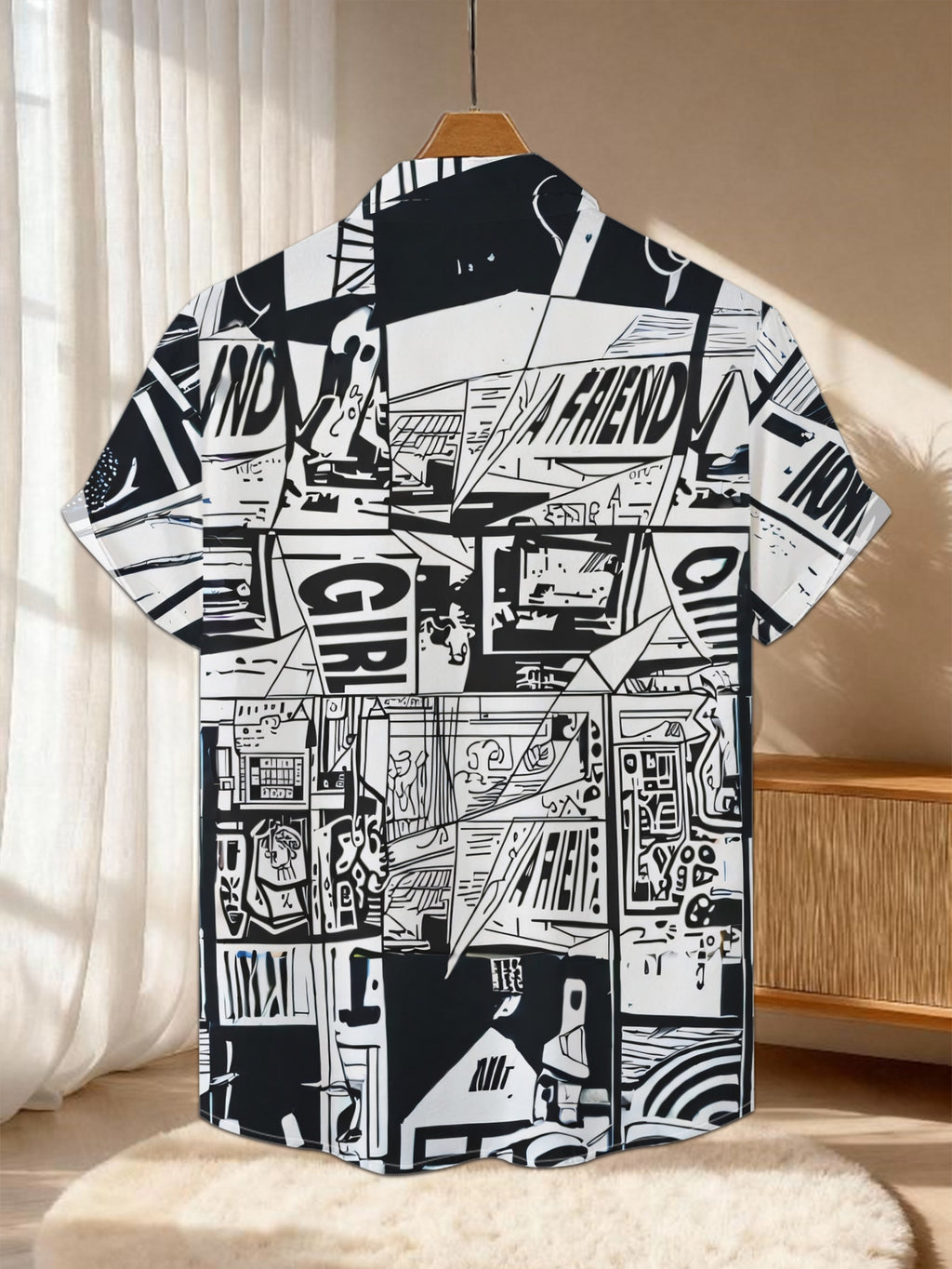 New Men's Casual Short-Sleeve Shirt, Black and White Collage Print with Fragmented Symbols and Figure Silhouettes, Versatile for Holiday Parties and Commuting, Machine-Washable Polyester Fabric, Button-Up Printed Shirt