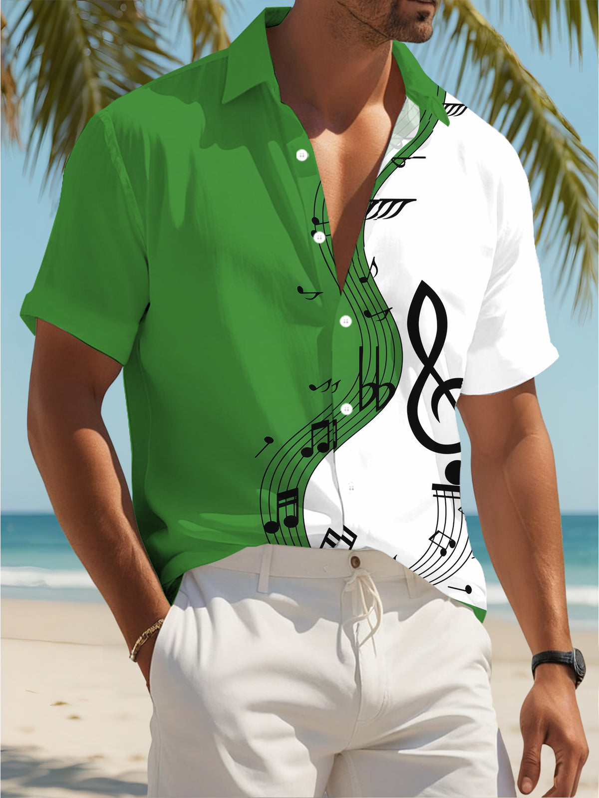 Men's Casual Shirt with Music Note Print, Summer Music Design Featuring Treble Clef and Musical Note Patterns