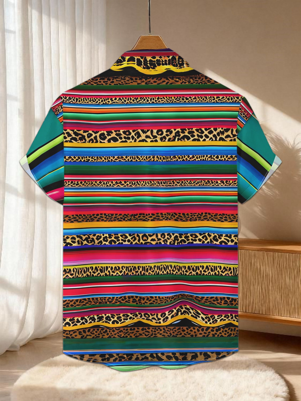 New Men'S Casual Short Sleeve Shirt, Striped And Leopard Print Interwoven, Rich Colors with Exotic Texture, Versatile for Festive Gatherings And Commuting, Fabric Machine Washable, Button-Up Print Shirt