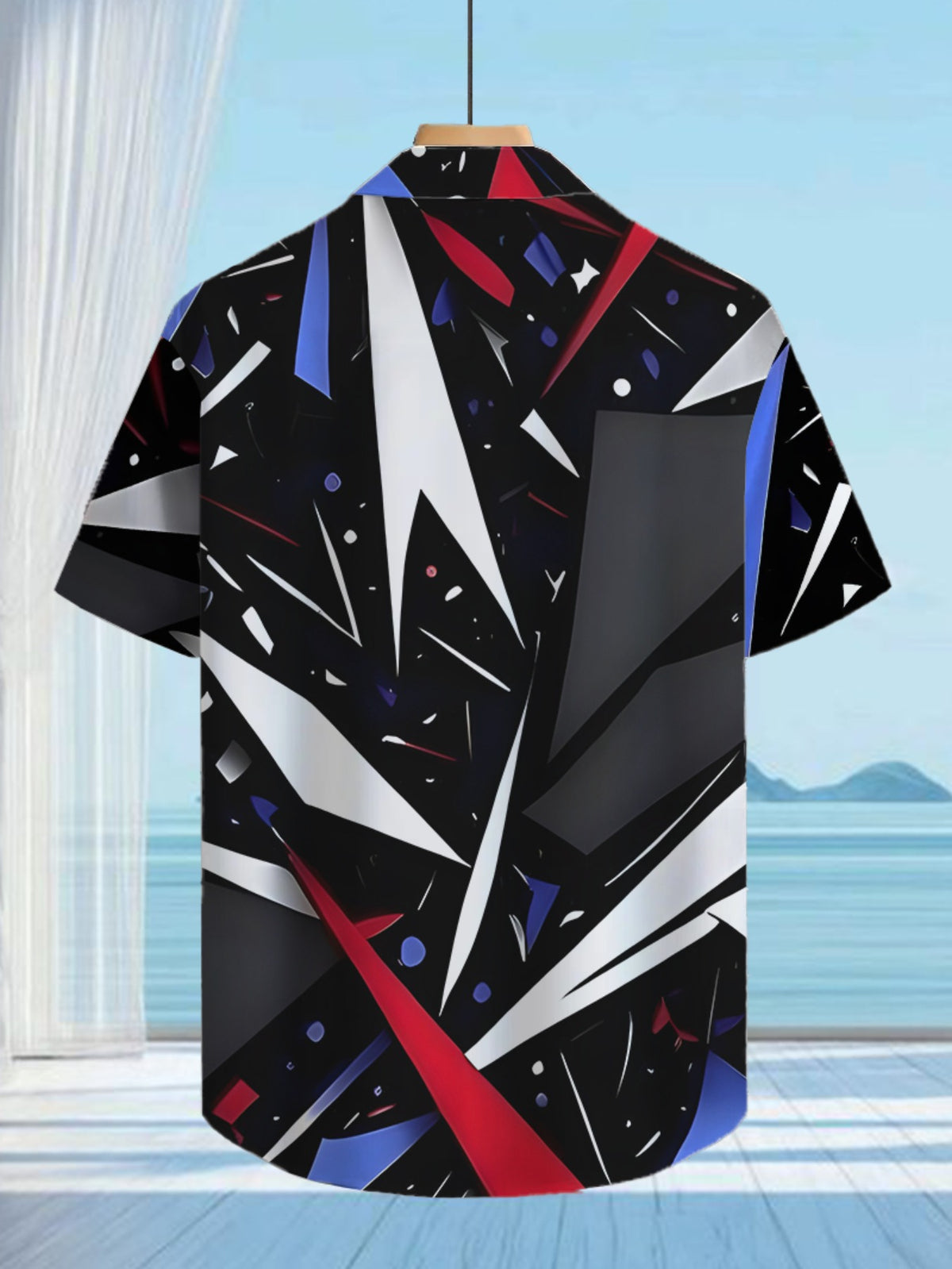 Fashionable Anime Geometric Patterned Print Shirt, Trendy Tropical Hawaiian Short-Sleeve Shirt, Casual Button-Up Men'S Shirt, Lightweight for Summer Adventures
