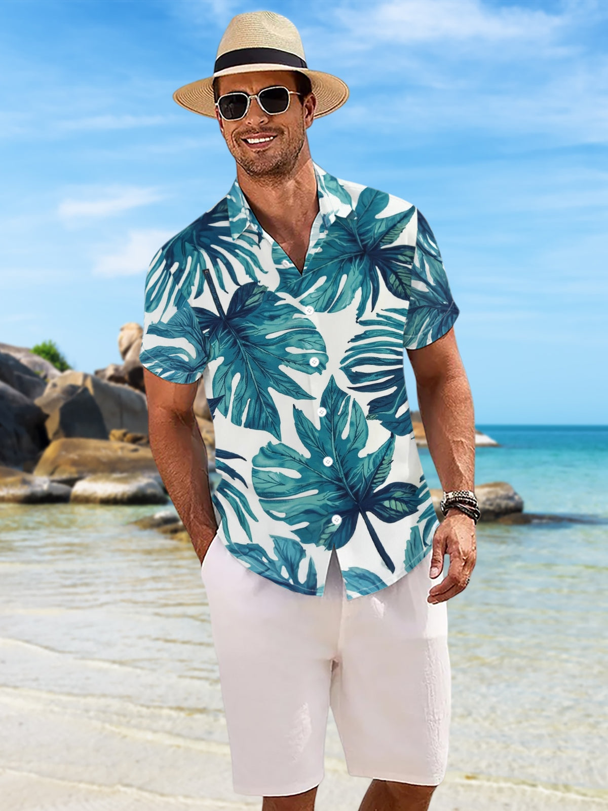 New Men's Casual Short-Sleeve Shirt, Teal Blue with Hand-Painted Monstera Leaf All-Over Print, Versatile for Holiday Parties and Commuting, Polyester Fiber Fabric, Machine Washable, Button- Printed Shirt