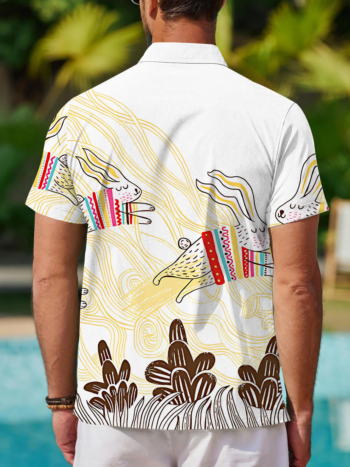 [Printed Design – Not Textured] Men's Casual Shirt, Standard Size Short Sleeve Shirt, Colorful Apparel with Running Rabbit Graphic, Stylish and Elegant Dopamine-Inducing Party Top, Trendy/Men's/Clothing/Streetwear/Summer/Apparel/Printed