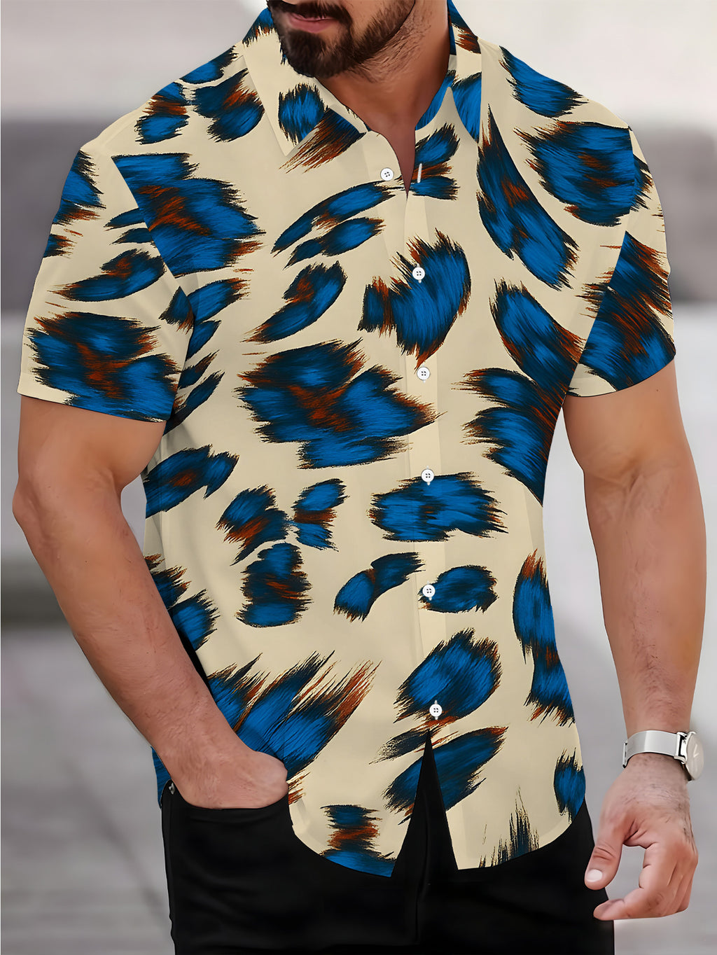 Men'S Short Sleeve Shirt, Individual Style Men'S Print Short Sleeve Leopard Print Style, Cool Men'S Shirt, Blue Brown Tone, Men'S Casual Short Sleeve Shirt Summer