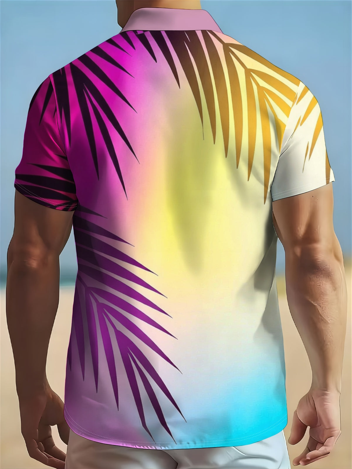 Random Geometric Print Men'S Short-Sleeve Button-Up Shirt, Casual Summer Style, Regular Fit And Comfortable
