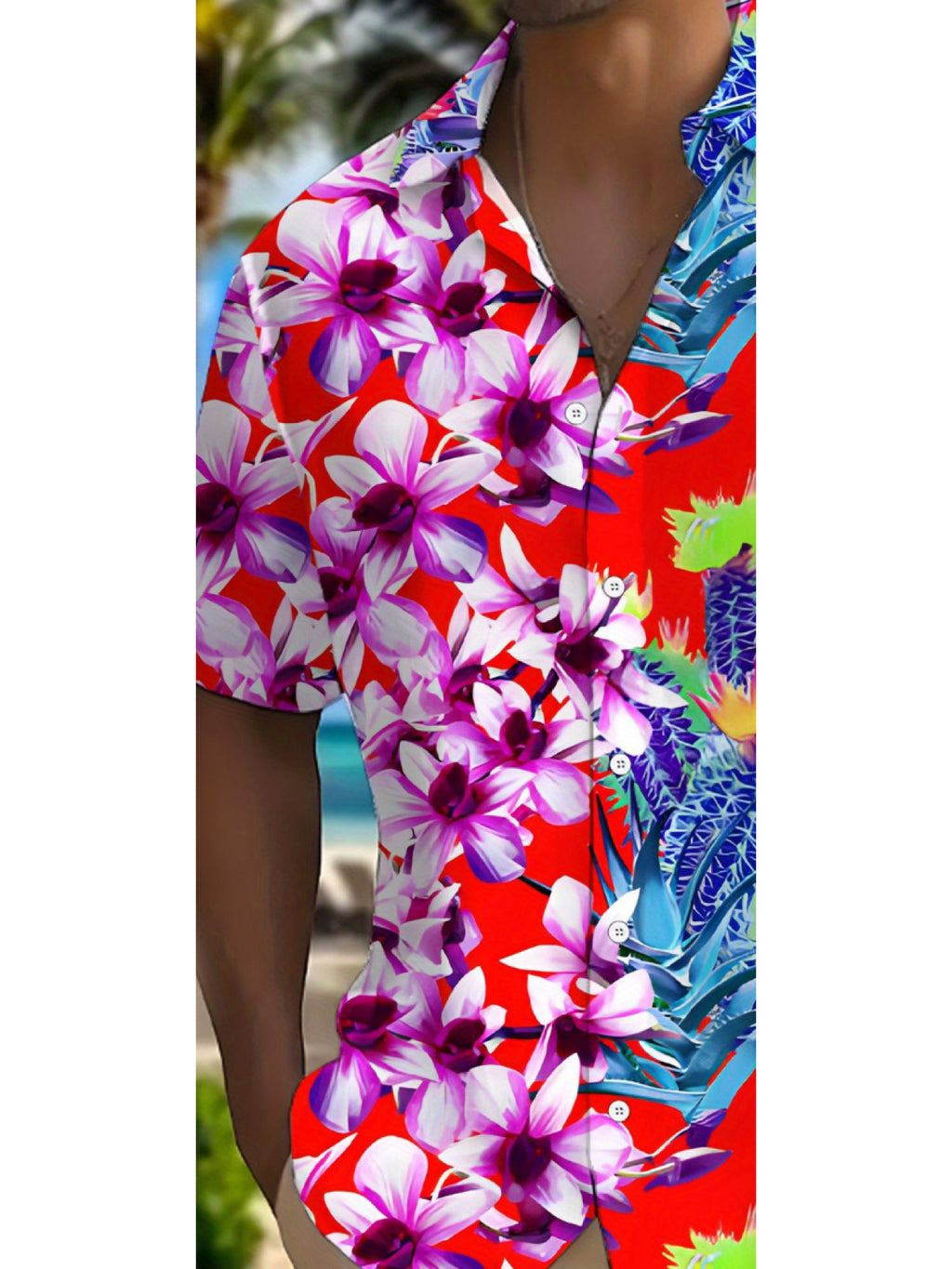 New Men's Casual Short-Sleeve Shirt - Purple Orchid and Pineapple Tropical Print, Red Base with Classic Collar Design, for Summer Beach Vacations and Daily Wear