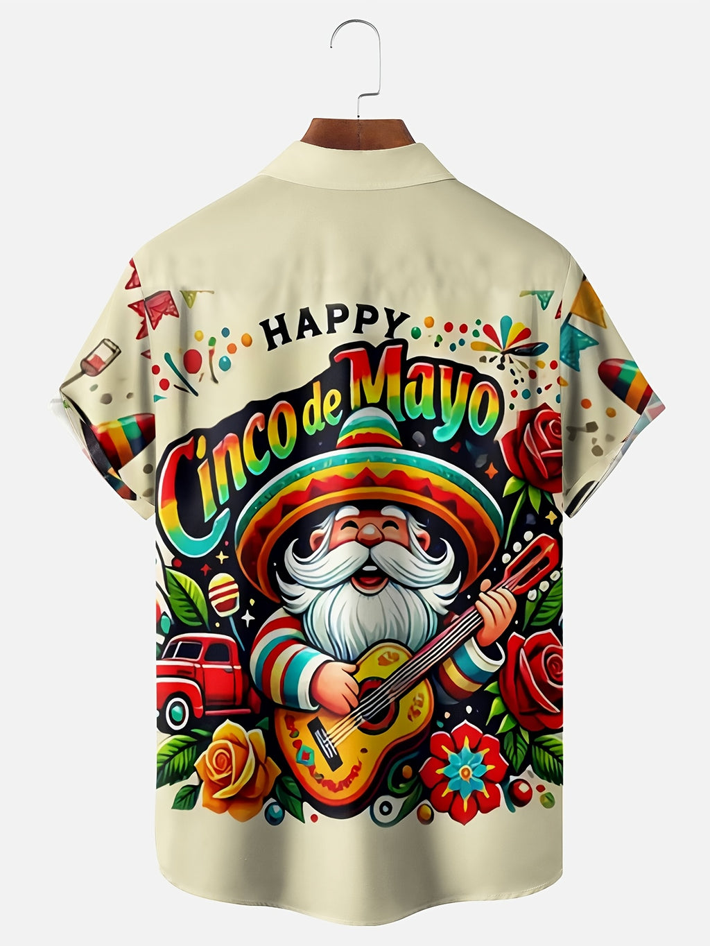 Men'S Plus Size Cinco de Mayo Print Hawaiian Shirt | Vintage Style, Lapel Collar, Non-Stretch Fabric, Button Closure, Regular Fit, Summer Season, All-Over Print with Pocket
