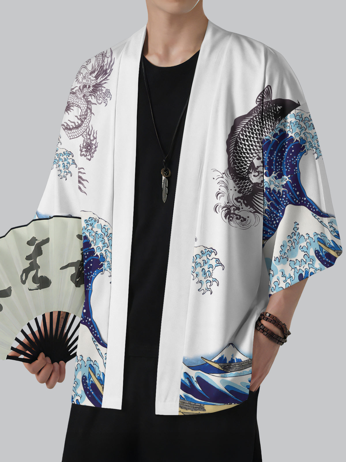 Casual Men'S Kimono Cardigan, Printed White Dragon And Koi Fish Wave Pattern, Summer Dynamic Ocean Waves And Mountain Scene