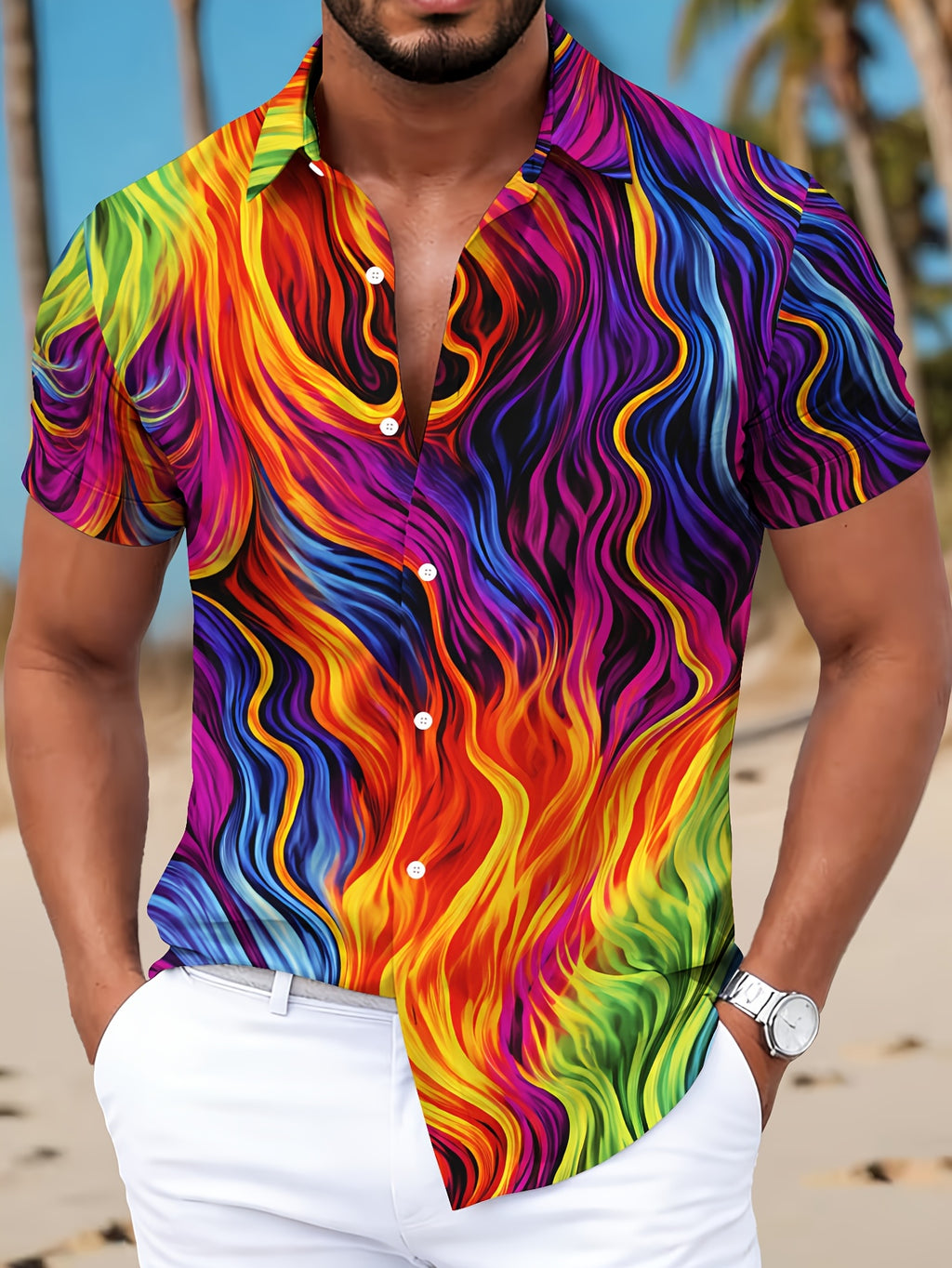 Colorful Abstract Wave Pattern Men'S Casual Shirt Print Summer Vibrant Flowing Design