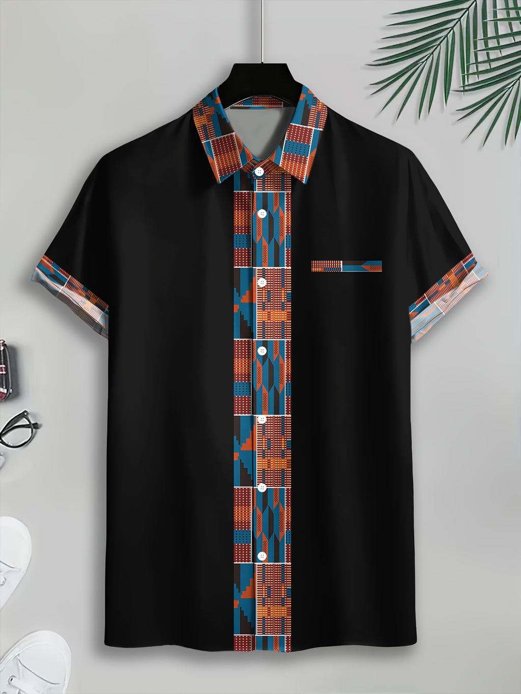 Fashion Casual Style Men'S Casual Shirt, Printed Pattern, Blue And Orange Geometric Design, Summer, Traditional African Tribal Elements, Fashion Casual Short-Sleeve Shirt
