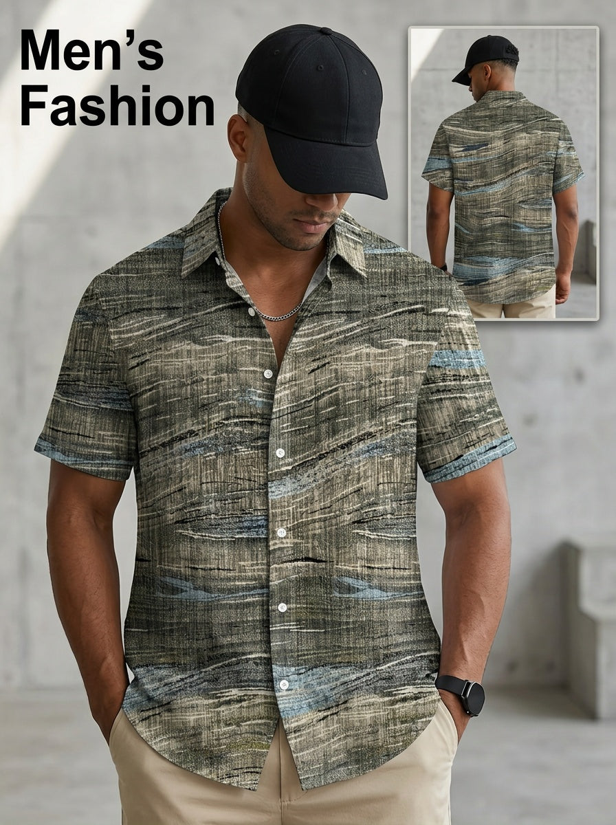 Vintage Geometric Texture Abstract Art Print Men's Lapel Short Sleeve Shirt, Comfortable and Soft Casual Fit, Suitable for Men's Casual Wear and Outdoors