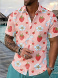 Men's Strawberry Print Short-Sleeve Button-Up Shirt - Lapel Collar Summer Beach Shirt Suitable for Dates, Casual Wear & Gifts, Machine Washable Non-Stretch Button Collar -Compatible for Brand Clothing