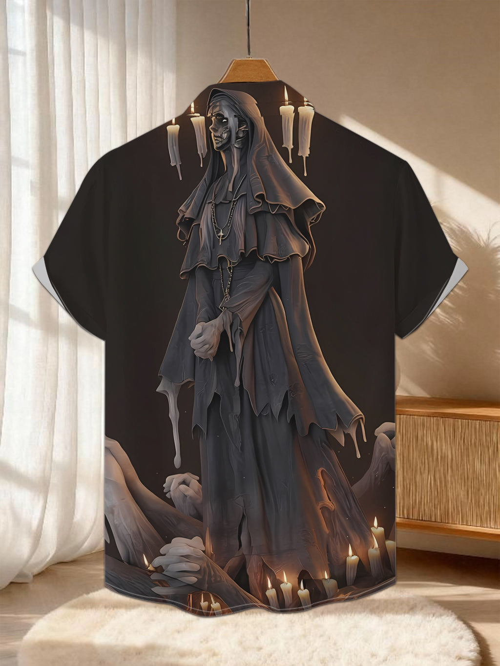 New Men'S Casual Short-Sleeved Shirt, Bonefire Candlelight, Ragged Nun Stands Strangely, Holiday Party Commuting Versatile Casual Top, Polyester Fabric Machine Washable, Button Print Shirt
