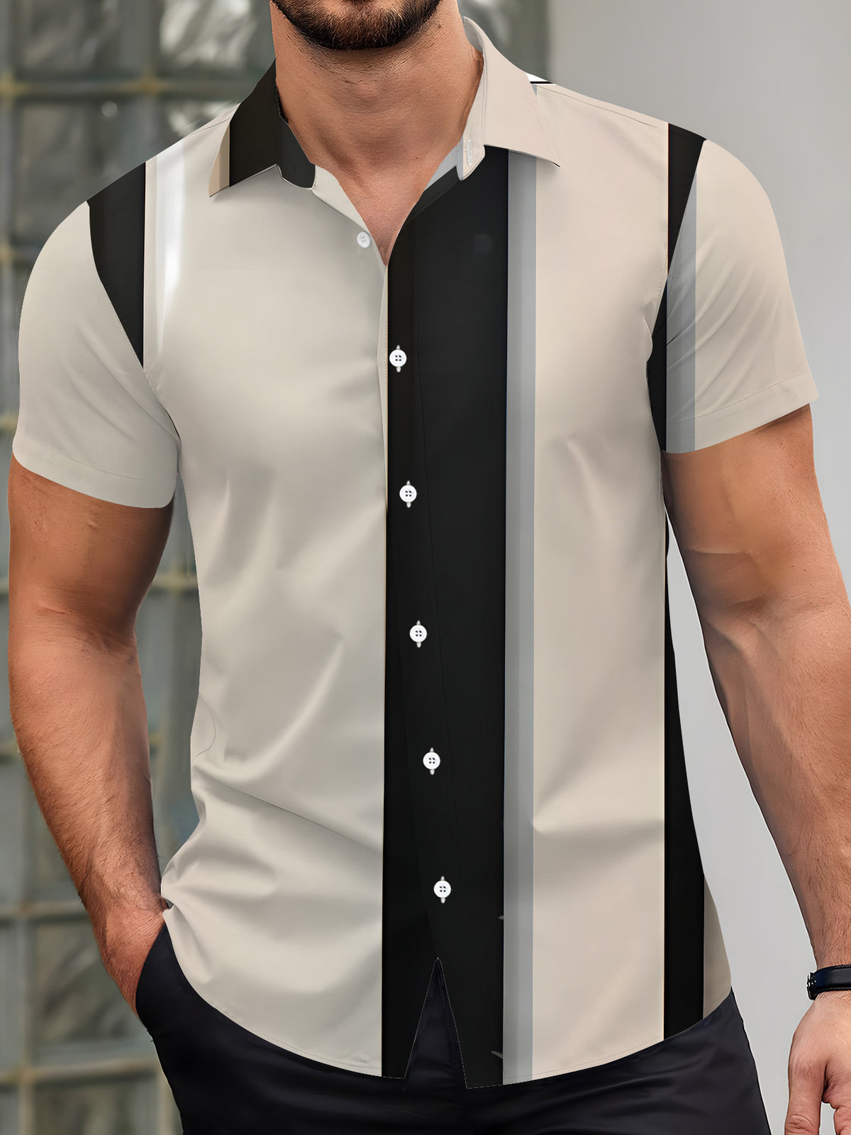 Men's Casual Short-Sleeve Printed Shirt in Black, White, and Beige, Simple Style with Striped Pattern, Fashionable Loose-Fit Casual Short-Sleeve T-Shirt for the Beach, Versatile Top, Printed Short-Sleeve Shirt for Men, Men's Short-Sleeve Apparel