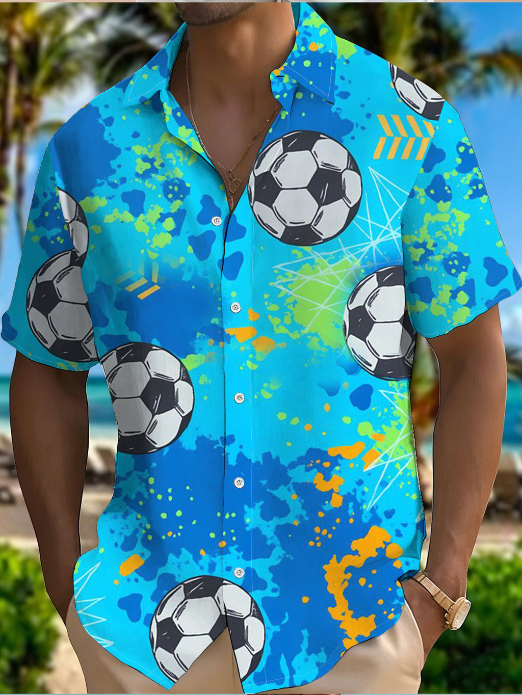 Men's Casual Short-Sleeve Shirt with Blue Base and Colorful Ink Splatter Style Football Print, Fashionable and Versatile for Beach Vacations