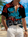 New Men's Casual Short-Sleeve Shirt, Shark Rider on Motorcycle, Cool California Style for the Waves, Versatile for Holiday Parties and Commuting, Machine-Washable Polyester Fiber Fabric, Button-Up Printed Shirt