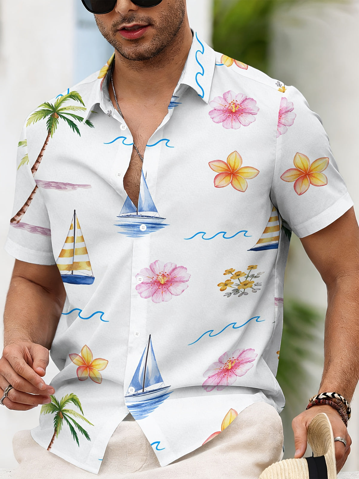 Summer Style Men's Casual Shirt Print Tropical Paradise with Palm Trees Sailboats And Flowers Summer Vibrant Island Vibes