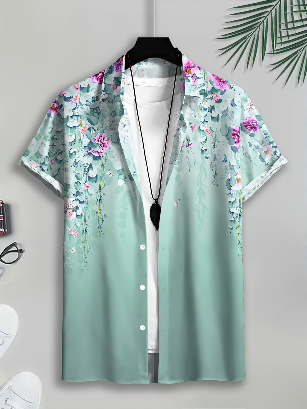 Floral Print Men'S Casual Shirt, Printing Summer Flowers And Leaves Pattern