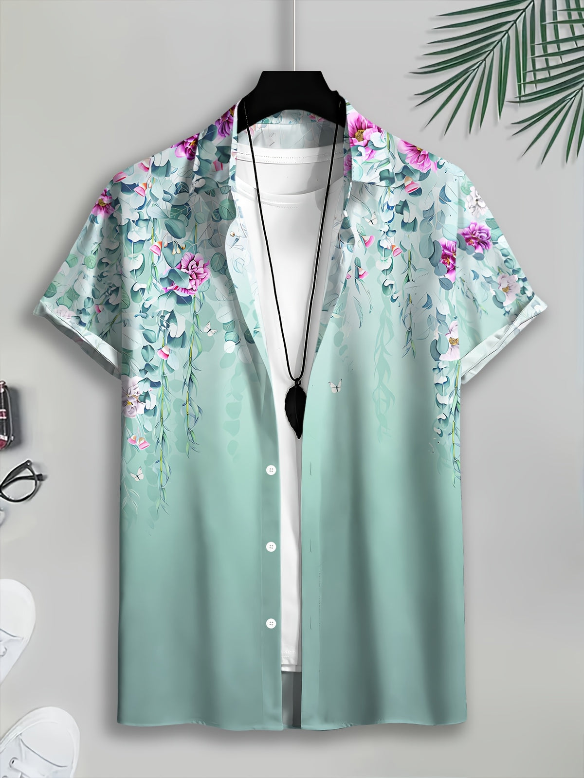Floral Print Men'S Casual Shirt, Printing Summer Flowers And Leaves Pattern