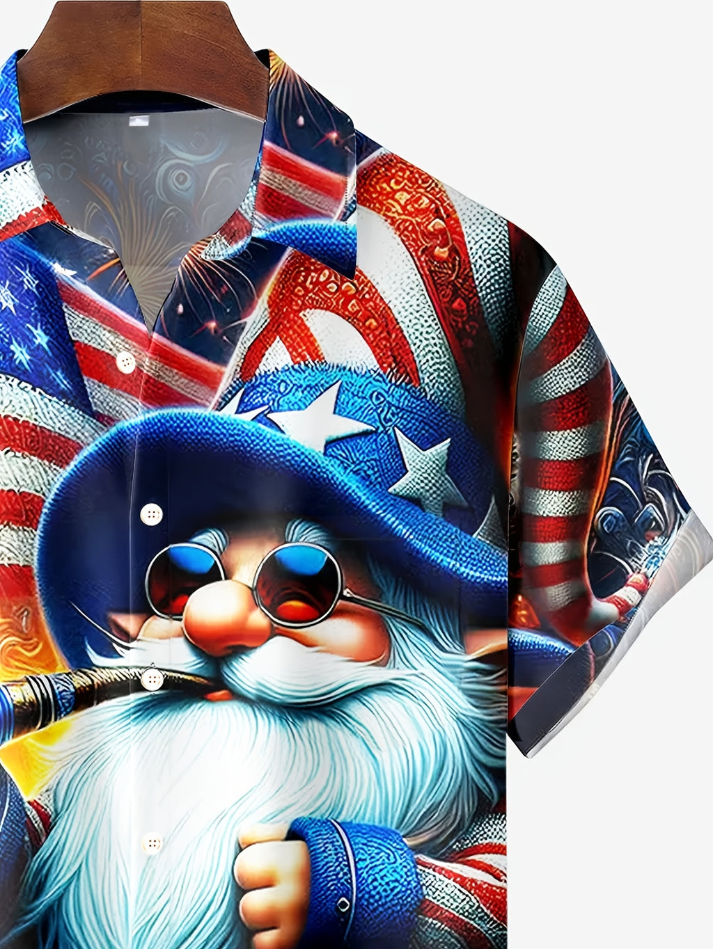 American Flag Gnome Print Men's Plus Size Button-Up Short Sleeve Hawaiian Aloha Shirt, PLUS SIZE