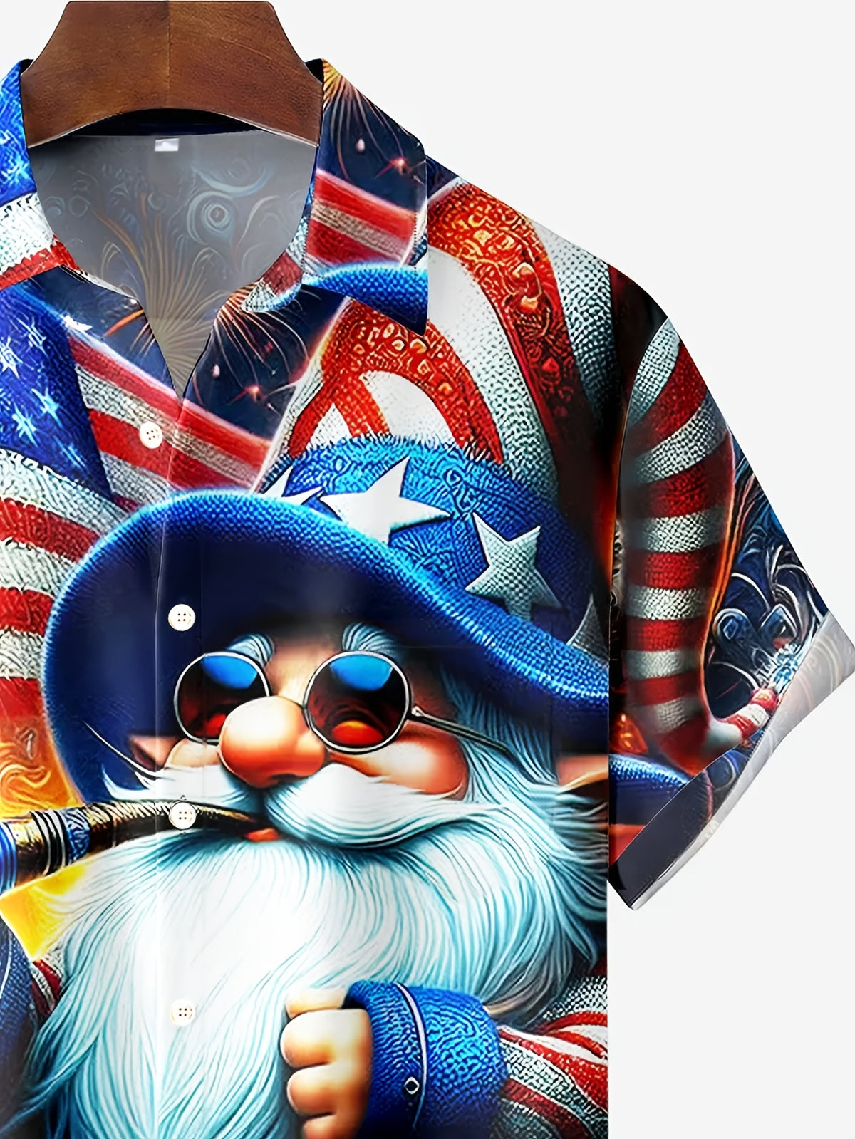 American Flag Gnome Print Men's Plus Size Button-Up Short Sleeve Hawaiian Aloha Shirt, PLUS SIZE