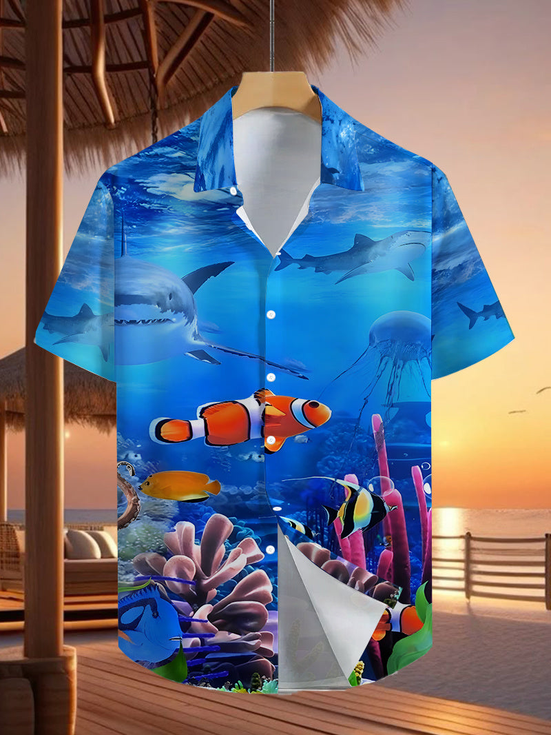 Men's Hawaiian Short-Sleeve Button-Up Shirt - Loose Fit Collar with Full-Body Tropical Fish & Hibiscus Print, Button Front Placket - Lightweight for Beach Vacation, Summer Outdoor Wear (Suitable for Hawaiian Luau)