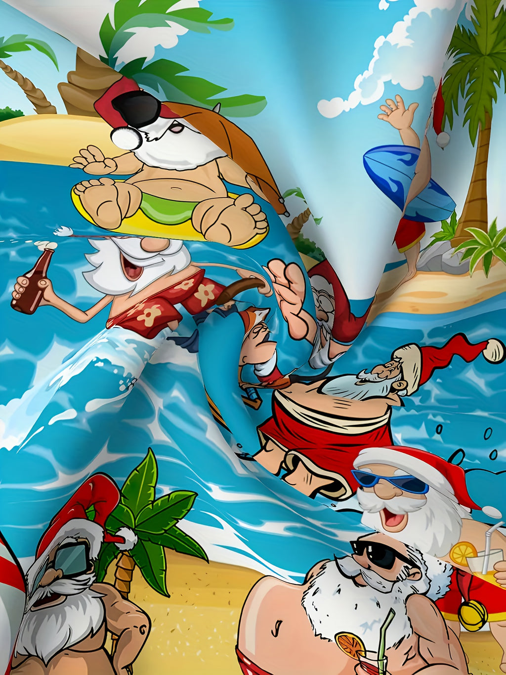 Men's Hawaiian Shirt - Tropical Santa Claus Surfing and Beach Scene Print, Short Sleeve Button-Up Top, Suitable for Casual Outings and Beach Vacations, Machine Washable Regular Fit, Holiday Party Outfit, Fun Vacation Style, Durable Construction