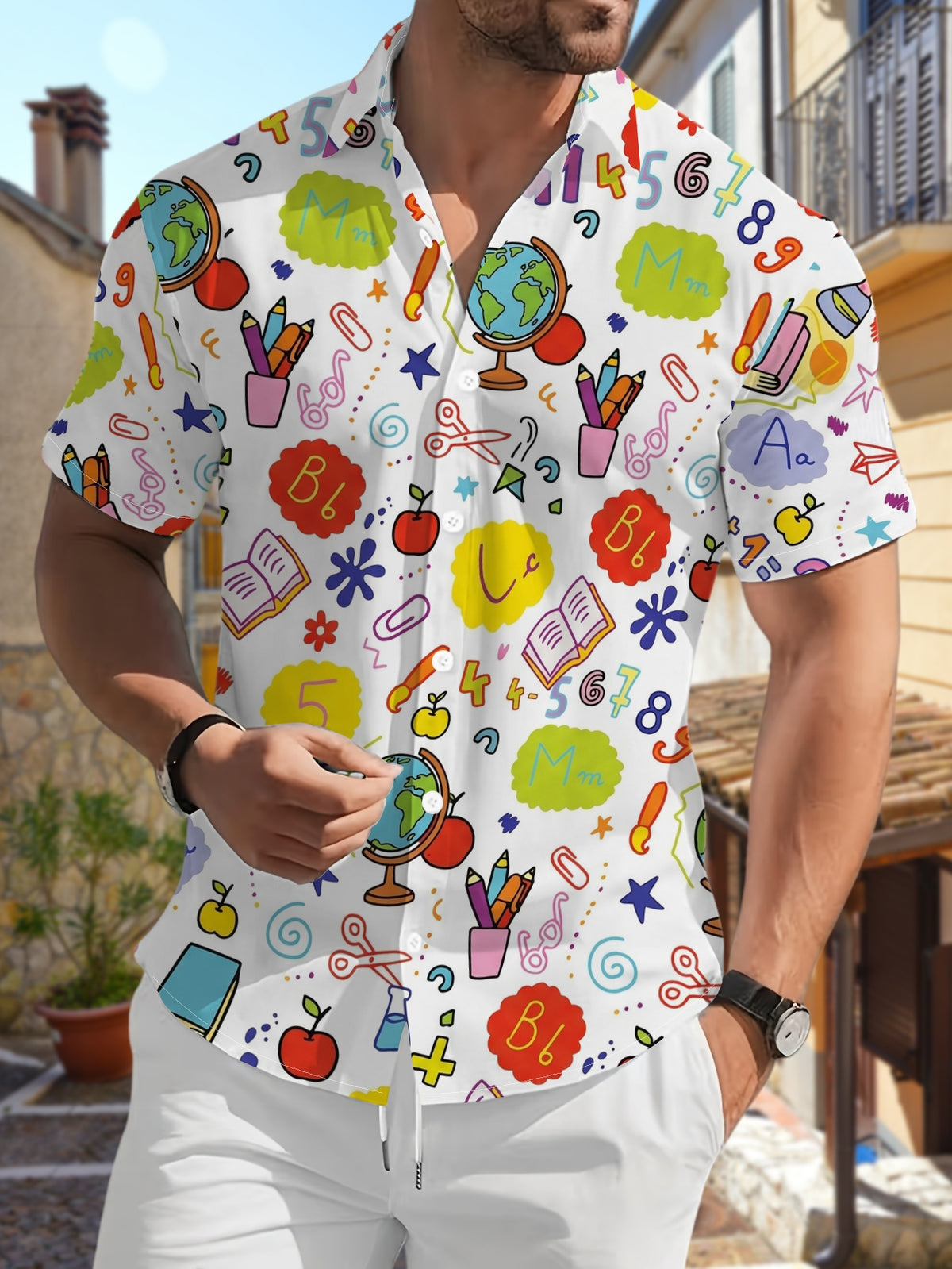 New Men's Casual Short-Sleeve Shirt with a Playful Learning-Themed Print Featuring Apples, Globes, and Other Elements. Versatile for Holiday Parties, Commuting, and More. Made of Polyester Fiber, Machine Washable, Lightweight for Summer
