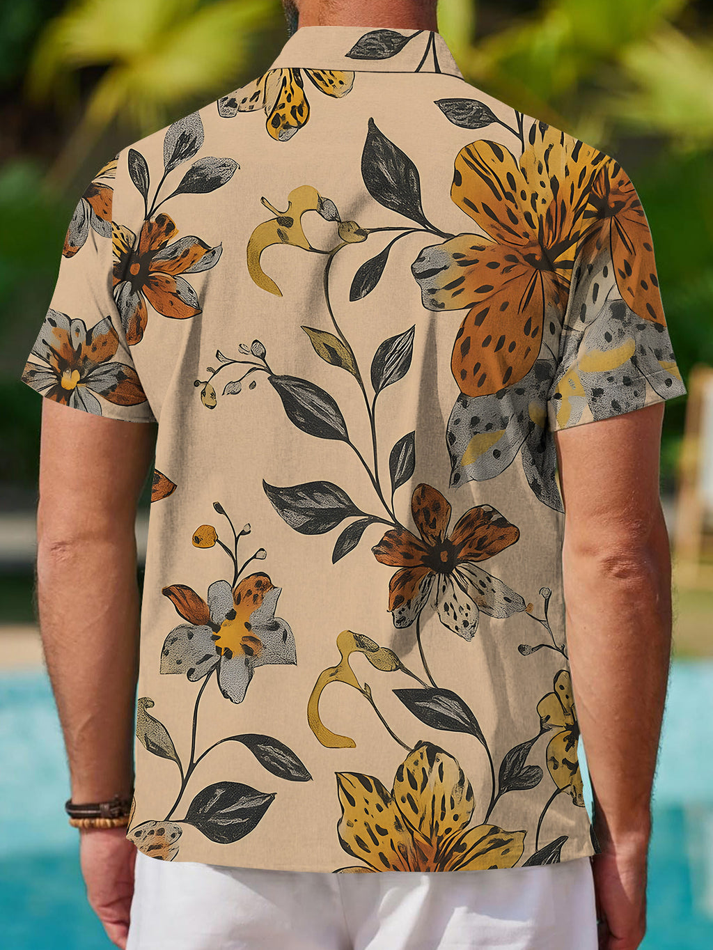 Men's Short-Sleeve Shirt, Floral Pattern, Printed Design, Short Sleeves, Multicolored Flowers, Cool Men's Shirt, Warm Beige Base, Men's Casual Short-Sleeve Shirt, Summer Style