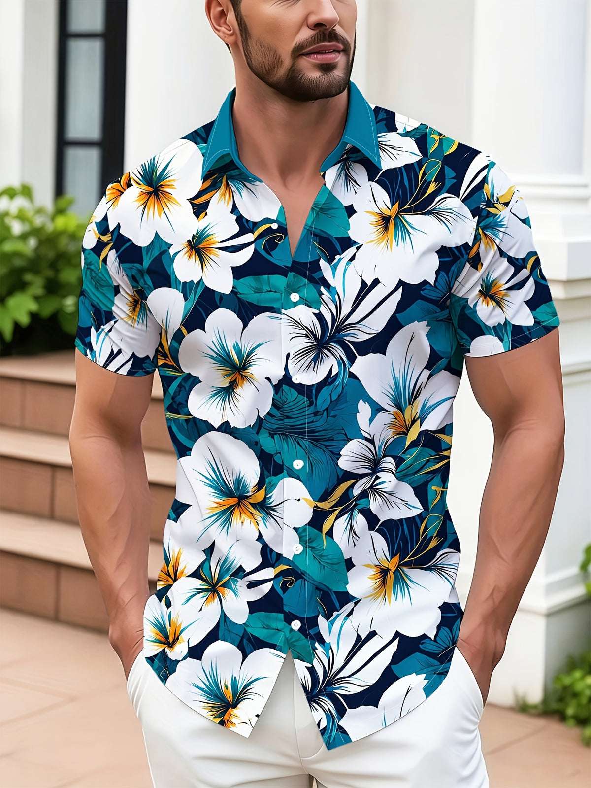 Men's Hawaiian Vacation Beach Shirt - Tropical Floral Print Short Sleeve Shirt, Regular Fit for Summer Travel and Casual Outings