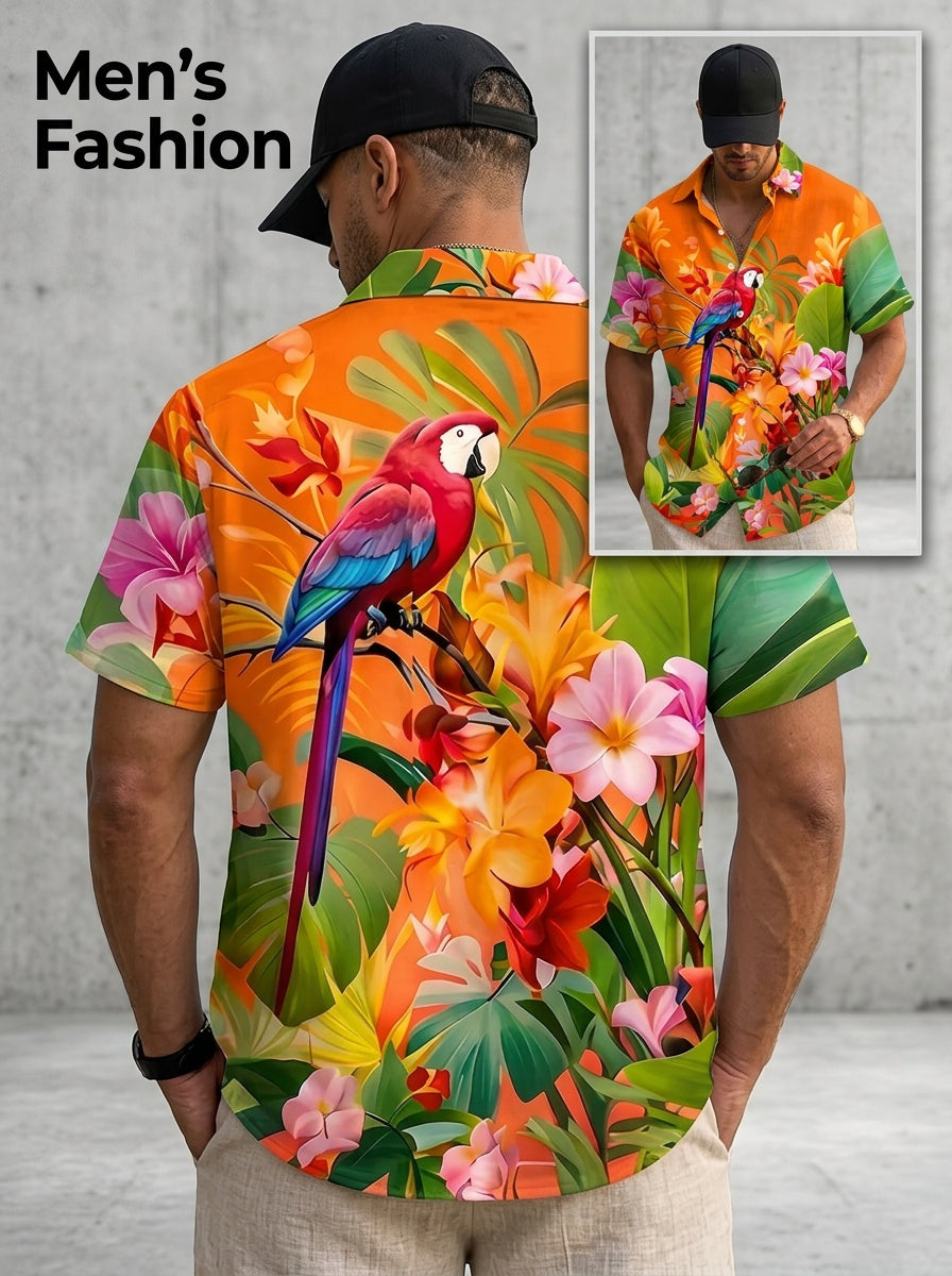 Men's Hawaiian Vacation Shirt - Retro Button-Up Short Sleeve Shirt with Parrot & Floral Print, Plus Size Button Collar Shirt Suitable for Summer Beachwear, Hawaiian Outfits, Machine Washable Button-Front Closure, PLUS SIZE