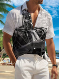 New Men'S Casual Short-Sleeve Shirt Featuring a Red-Eyed Mechanical Skeleton Design, Complete with Design Sketches. Perfect for Holiday Parties, Commuting, And Versatile Casual Wear. Made from Machine-Washable Polyester Fabric with a Button Print