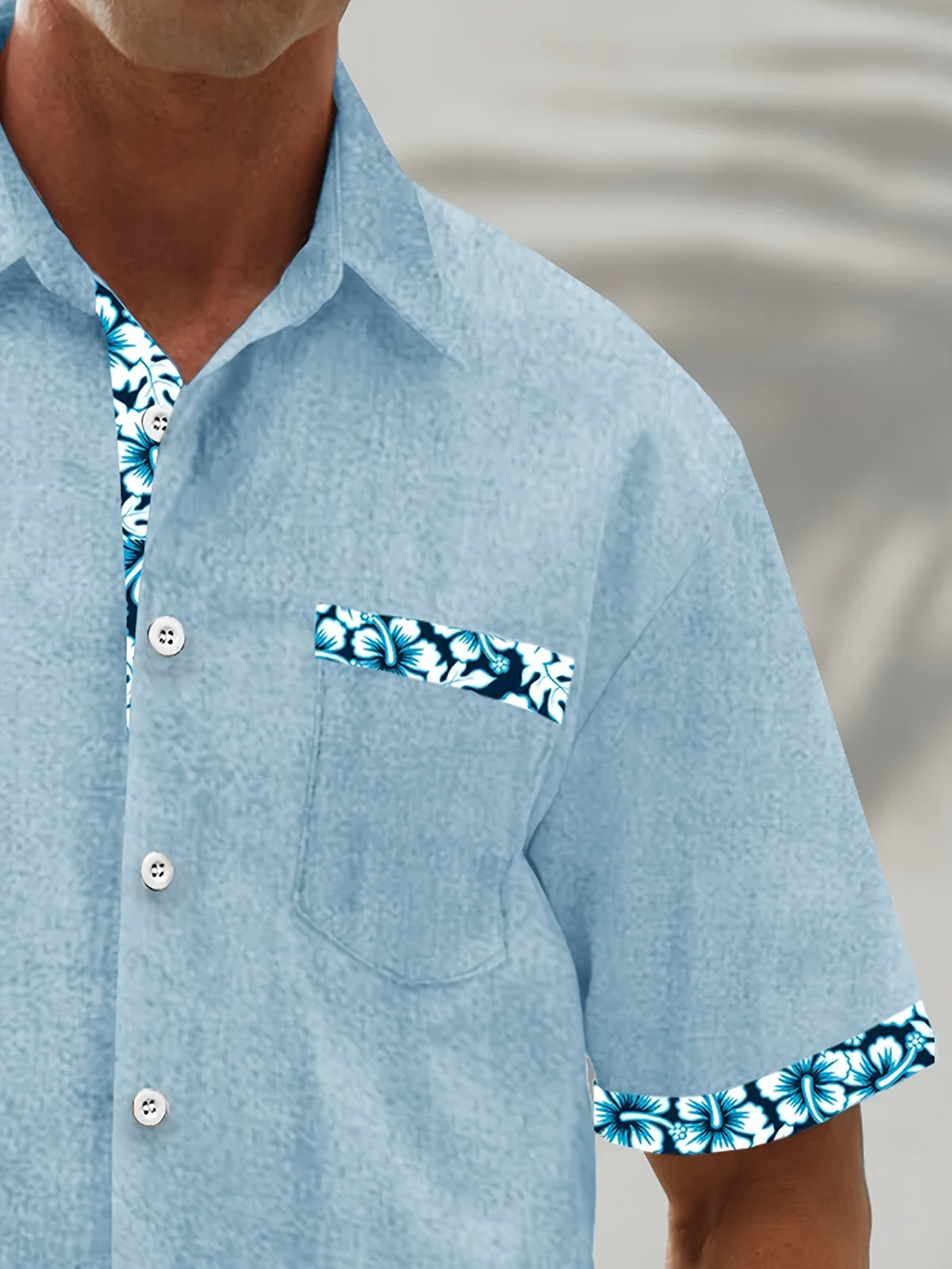 Hawaiian Floral Print Men's Button-Up Pocket Short-Sleeve Shirt, PLUS SIZE