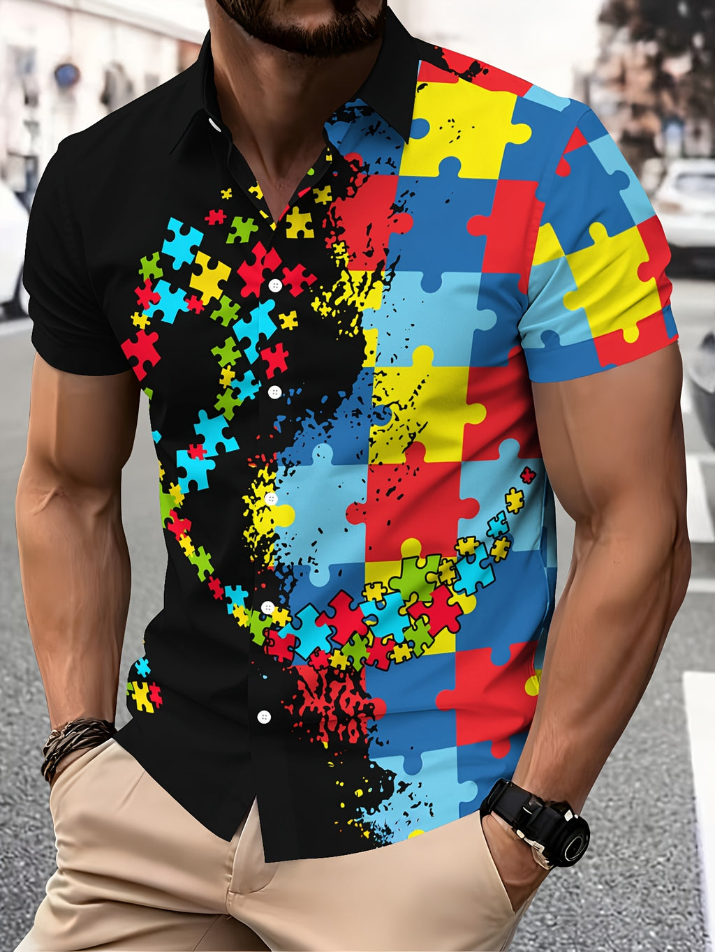 Casual Style Men'S Casual Shirt with Puzzle Print Black And Colorful Puzzle Pieces Summer Bright Puzzle Design