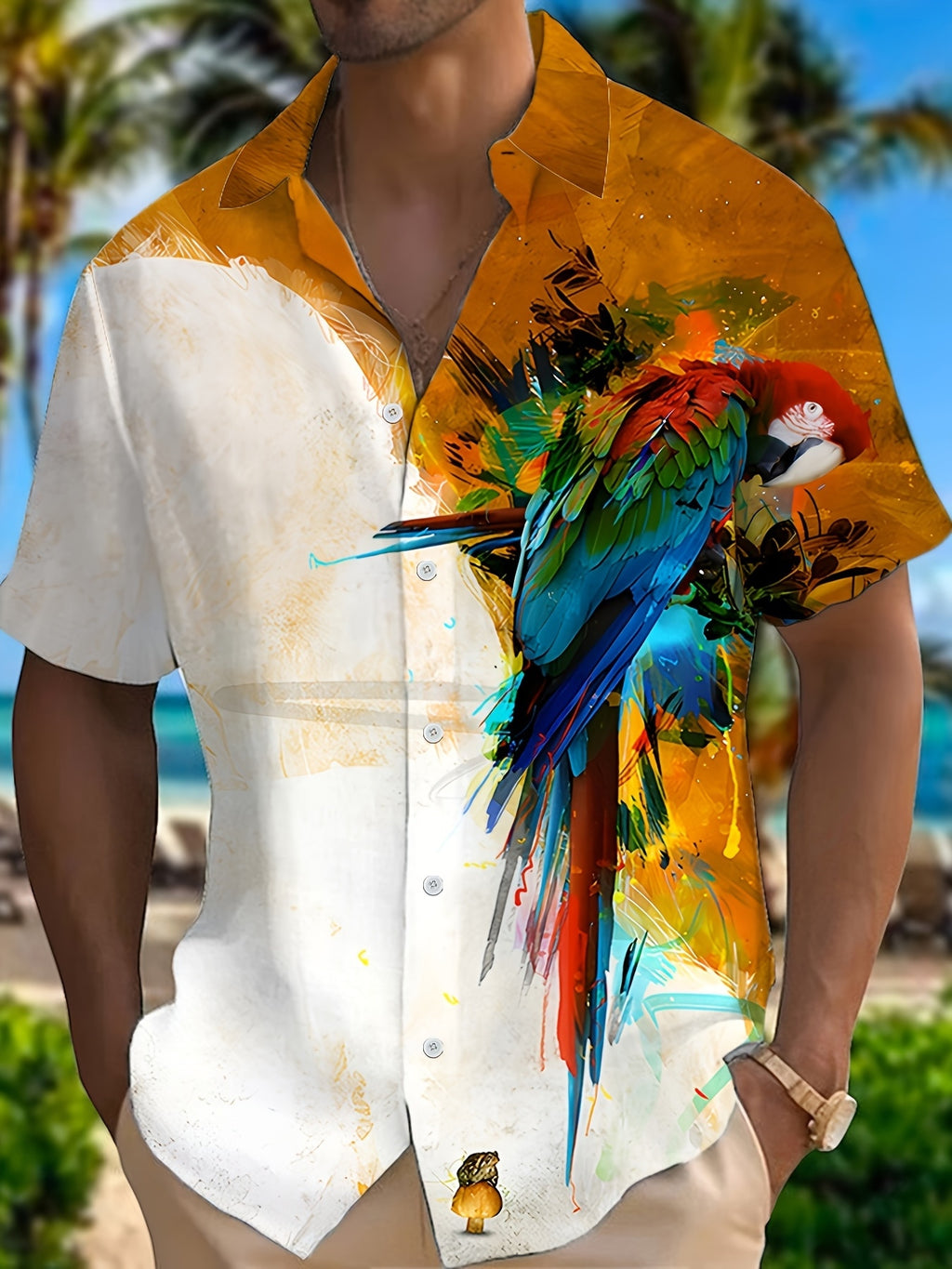New Trendy Fashion Parrot Print Top Short Men'S Casual Comfortable Shirt
