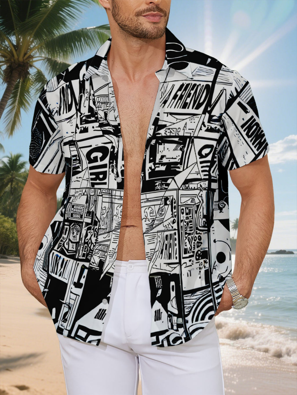 New Men's Casual Short-Sleeve Shirt, Black and White Collage Print with Fragmented Symbols and Figure Silhouettes, Versatile for Holiday Parties and Commuting, Machine-Washable Polyester Fabric, Button-Up Printed Shirt