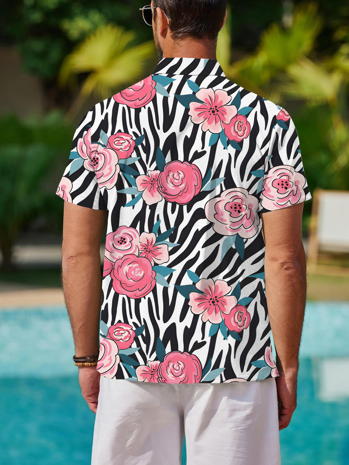 Men's Casual Short-Sleeve Shirt with Digital Print, Zebra Stripe and Pink Floral Pattern, Stylish and Elegant Apparel / Men's / Clothing / Streetwear / Printed / Trendy / Summer