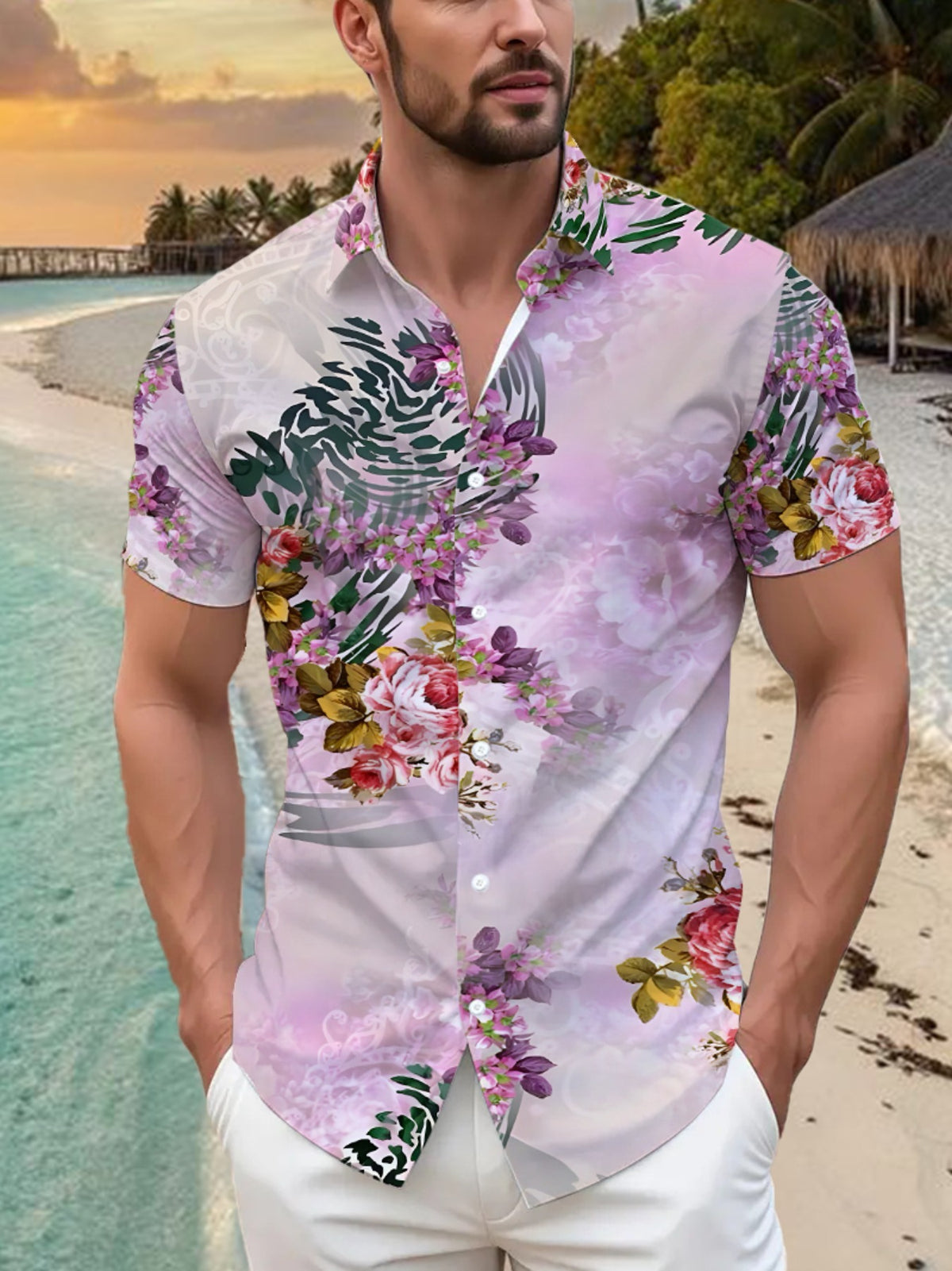 Fashionable Tropical Colorful Floral Print Men'S Casual Shirt - Short-Sleeved Button Design, Suitable for Summer Outdoor And Leisure Wear
