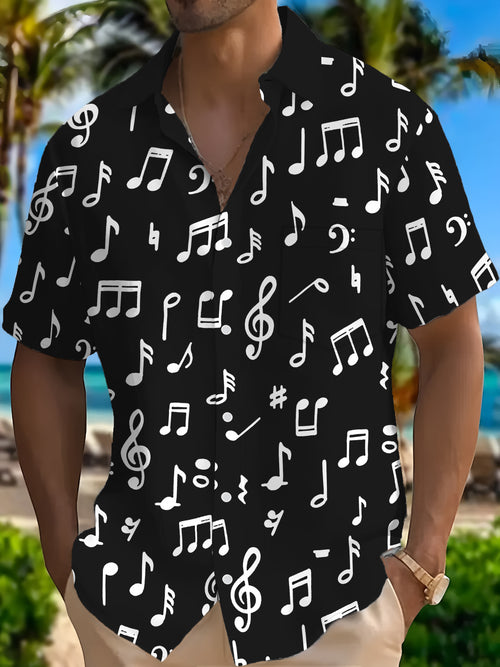 A Casual Short-Sleeve Shirt for Men Featuring a Music Symbol Design, Available in Plus Sizes, Made from Soft Fabric