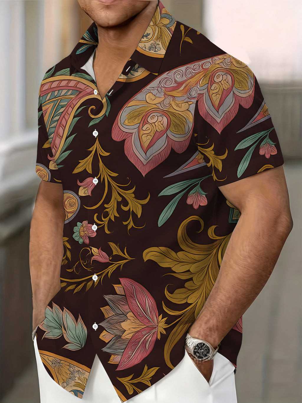 Men's Short-Sleeve Shirt, Vintage Style Print, Men's Printed Short-Sleeve Shirt with Paisley Elements, Cool Men's Shirt, Dark Base with Colorful Pattern, Men's Casual Short-Sleeve Shirt for Summer