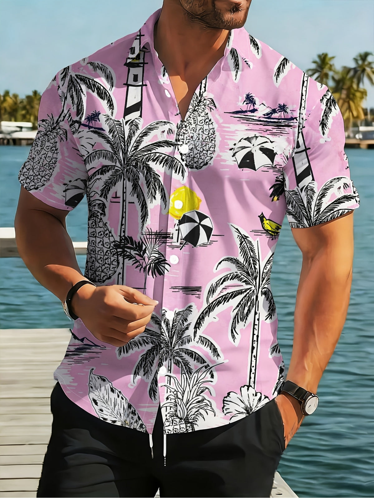 Men'S Summer Cool Print Button-Up Shirt, Pink Background Tropical Style Pattern with Palm Trees, Pineapples, Bananas, Lemons, Lighthouse, Umbrella, Suitable for Summer Casual And Beach Vacation