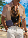 New Men'S Casual Short Sleeve Shirt Lion Resting on Stone Peak at Sunset Distant Mountains Reveal Regal Bearing Holiday Party Commuting Versatile Casual Top, Machine Washable Button-Up Shirt