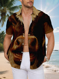New Men's Casual Short-Sleeve Shirt with Brown and White Calf Print, Round Open Eyes and Grinning Teeth, Lively Expression, Versatile Top for Holiday Parties and Commuting, Polyester Fiber Fabric, Machine Washable, Button-Up Printed Shirt