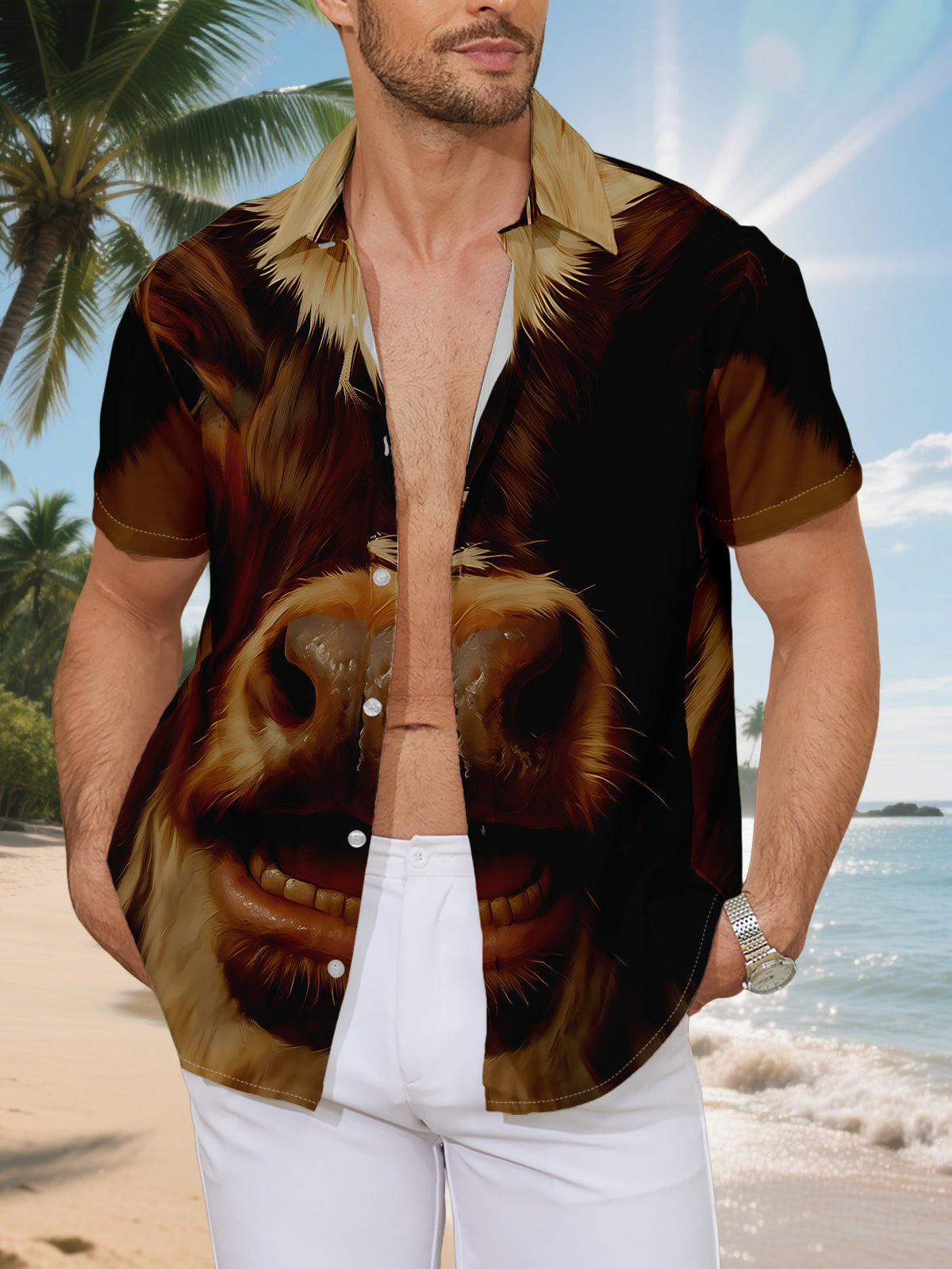 New Men's Casual Short-Sleeve Shirt with Brown and White Calf Print, Round Open Eyes and Grinning Teeth, Lively Expression, Versatile Top for Holiday Parties and Commuting, Polyester Fiber Fabric, Machine Washable, Button-Up Printed Shirt